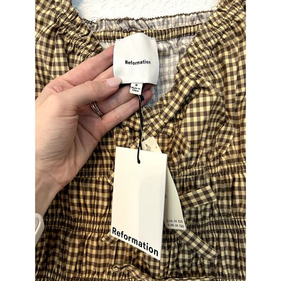 NEW Reformation Lauryn Cotton Bow Blouse Top - Blondie Check French - Picture 4 of 5